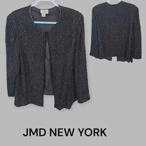 JMD New York Vintage Black Silk Sequin Beaded Longsleeve Blazer Jacket Womens XL
